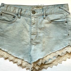 Free People Blue Striped Jean Shorts with Lace Trim